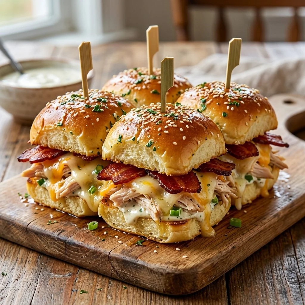 Delicious Chicken Bacon Ranch Sliders topped with crispy bacon and ranch dressing