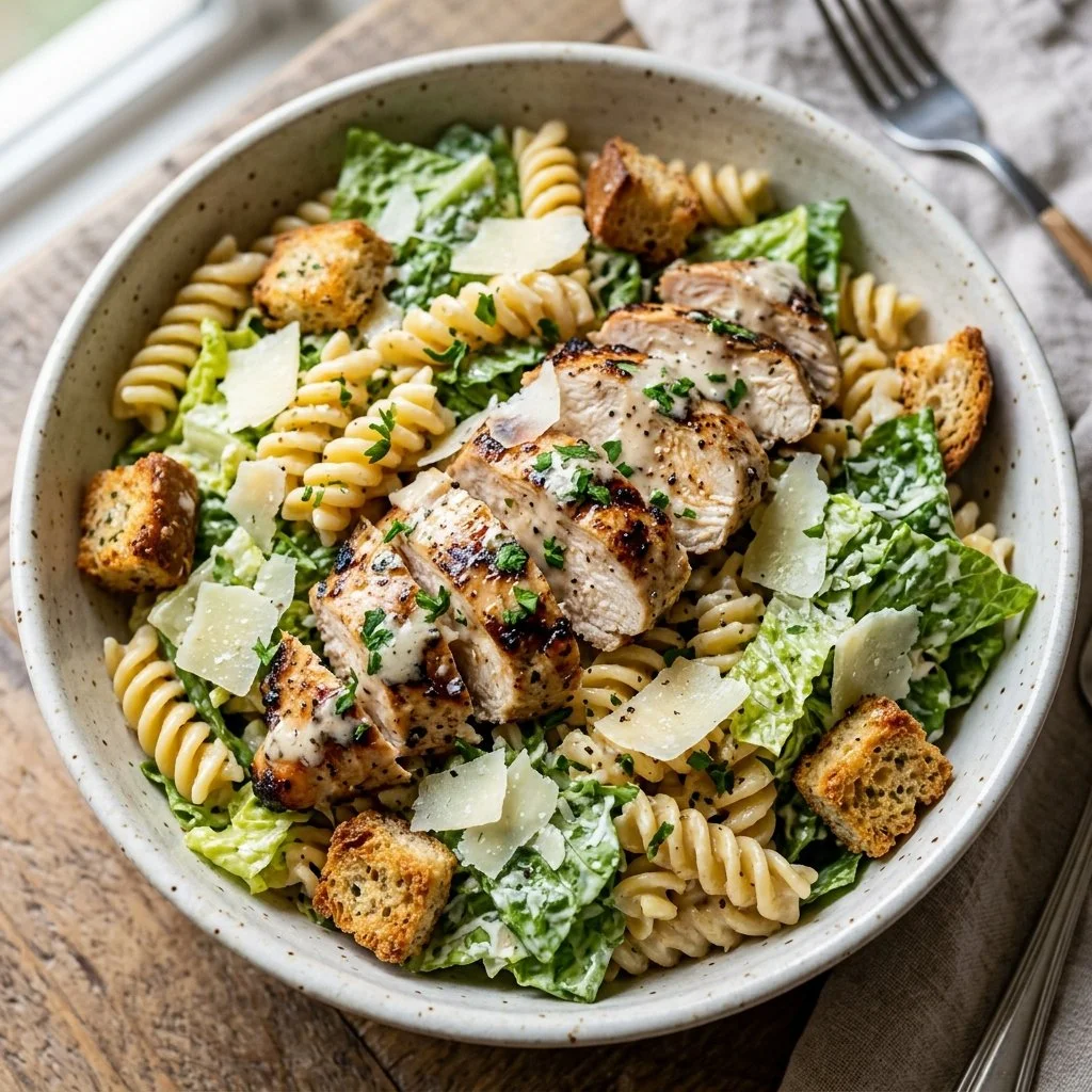 Delicious Chicken Caesar Pasta Salad served in a bowl