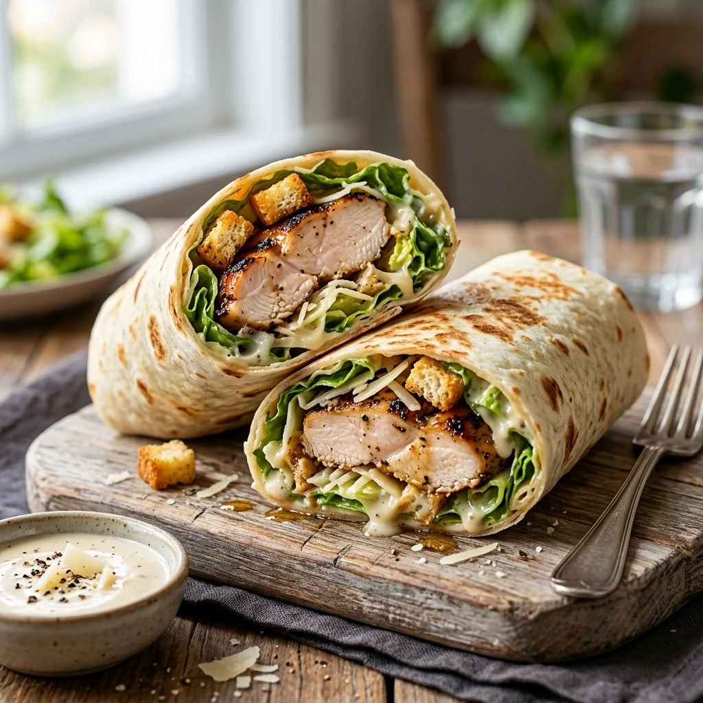 Chicken Caesar wraps with lettuce and dressing in a tortilla wrap