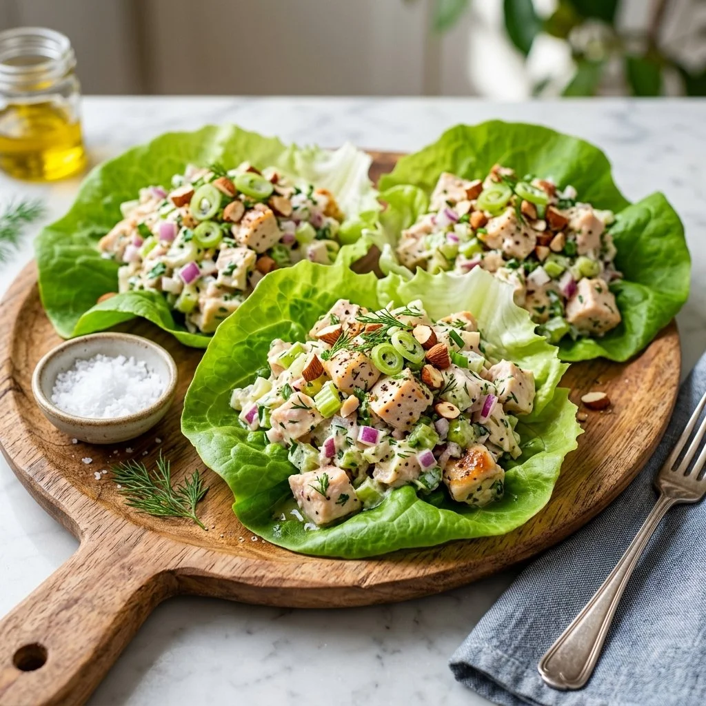 Healthy chicken salad lettuce wraps with fresh ingredients and dressing