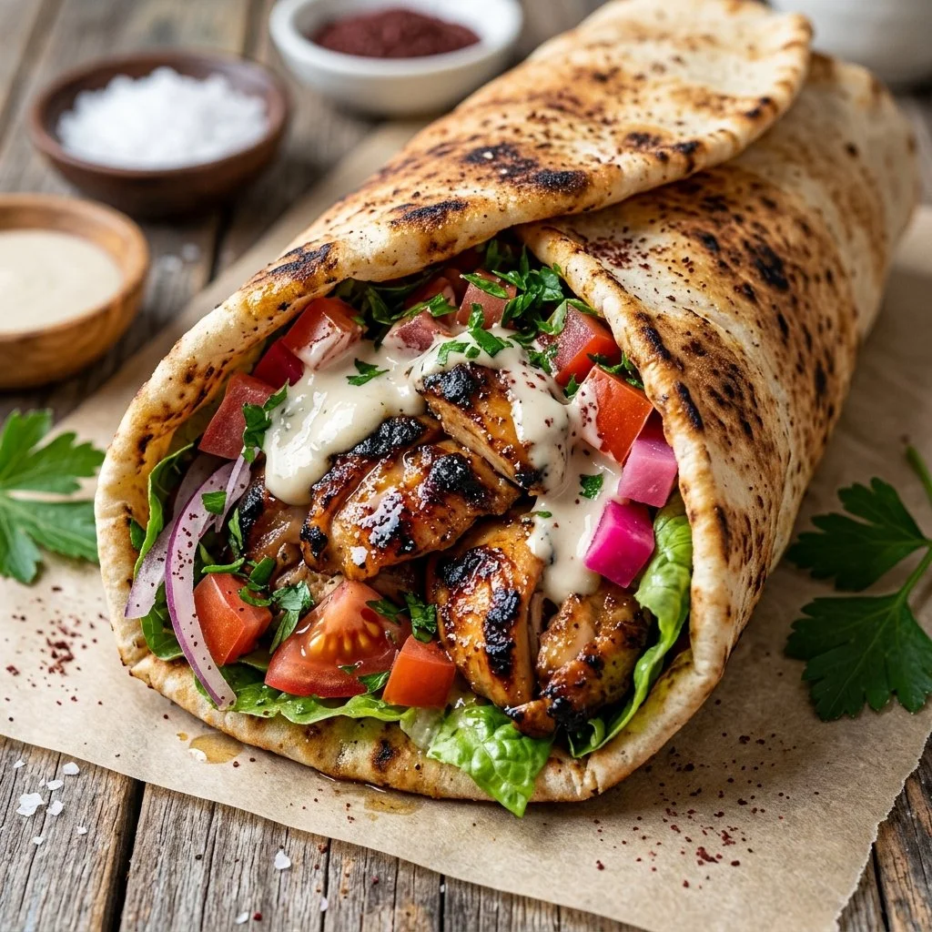 Delicious Chicken Shawarma served with fresh vegetables and tangy sauce
