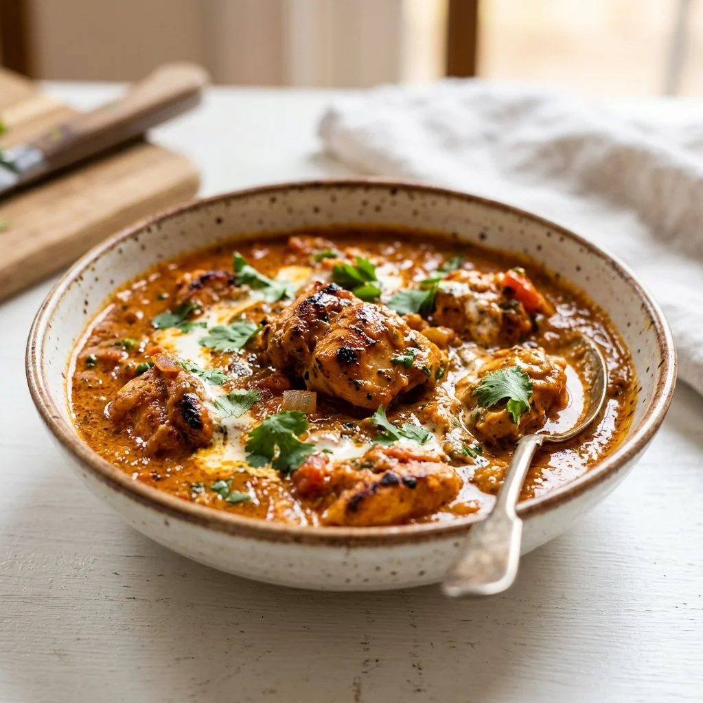 A delicious serving of Chicken Tikka Masala garnished with fresh coriander