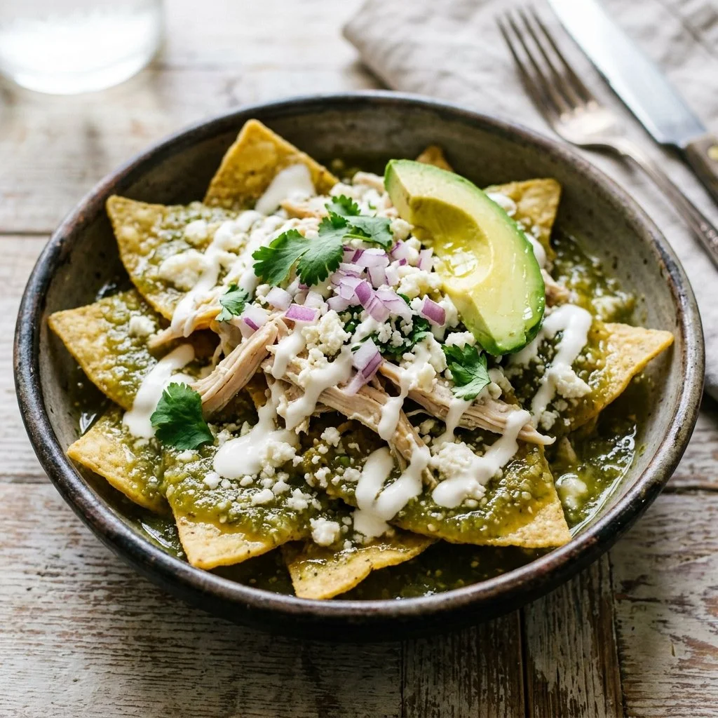 Plate of chilaquiles verdes topped with cheese, cilantro, and avocado