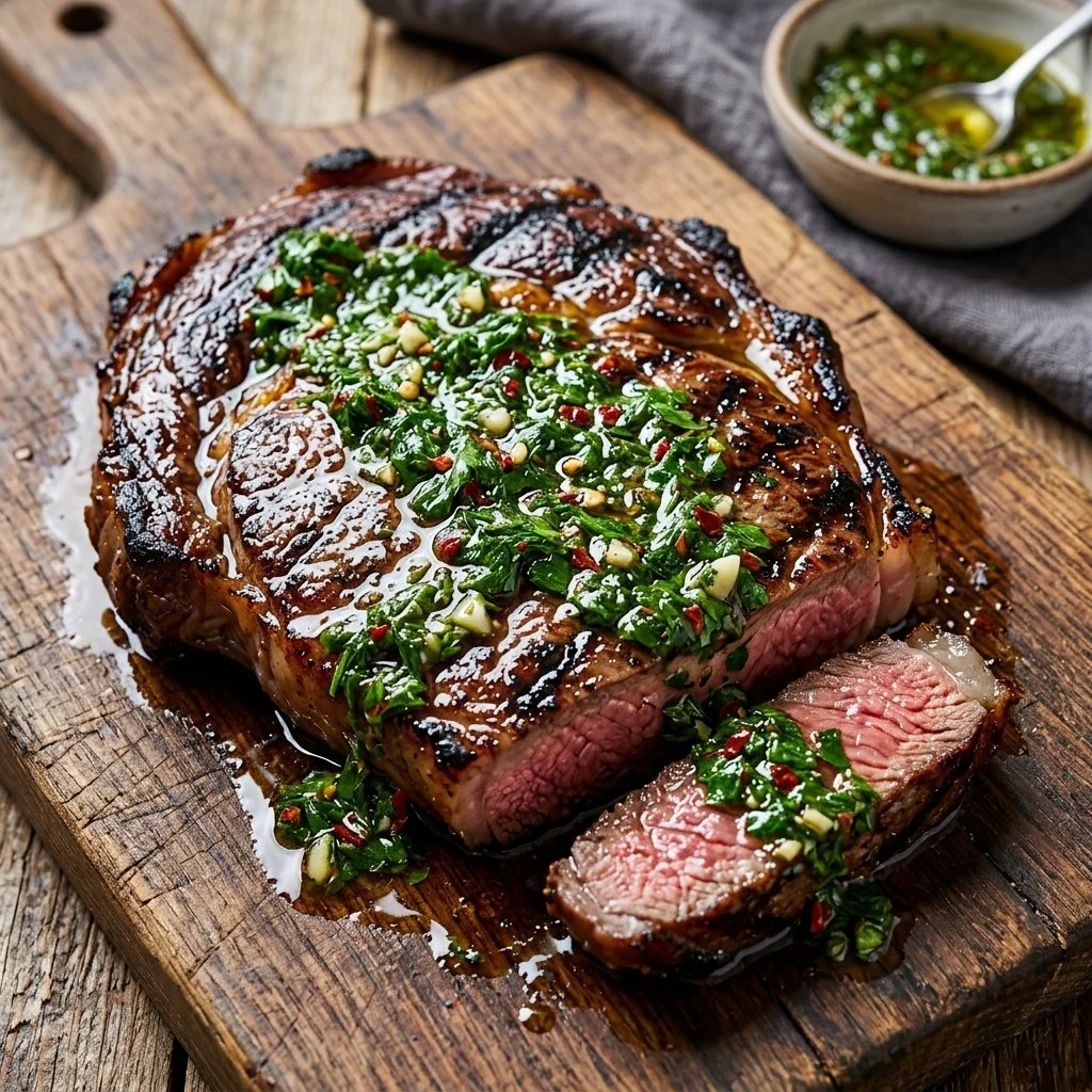 Grilled chimichurri steak topped with vibrant green chimichurri sauce.