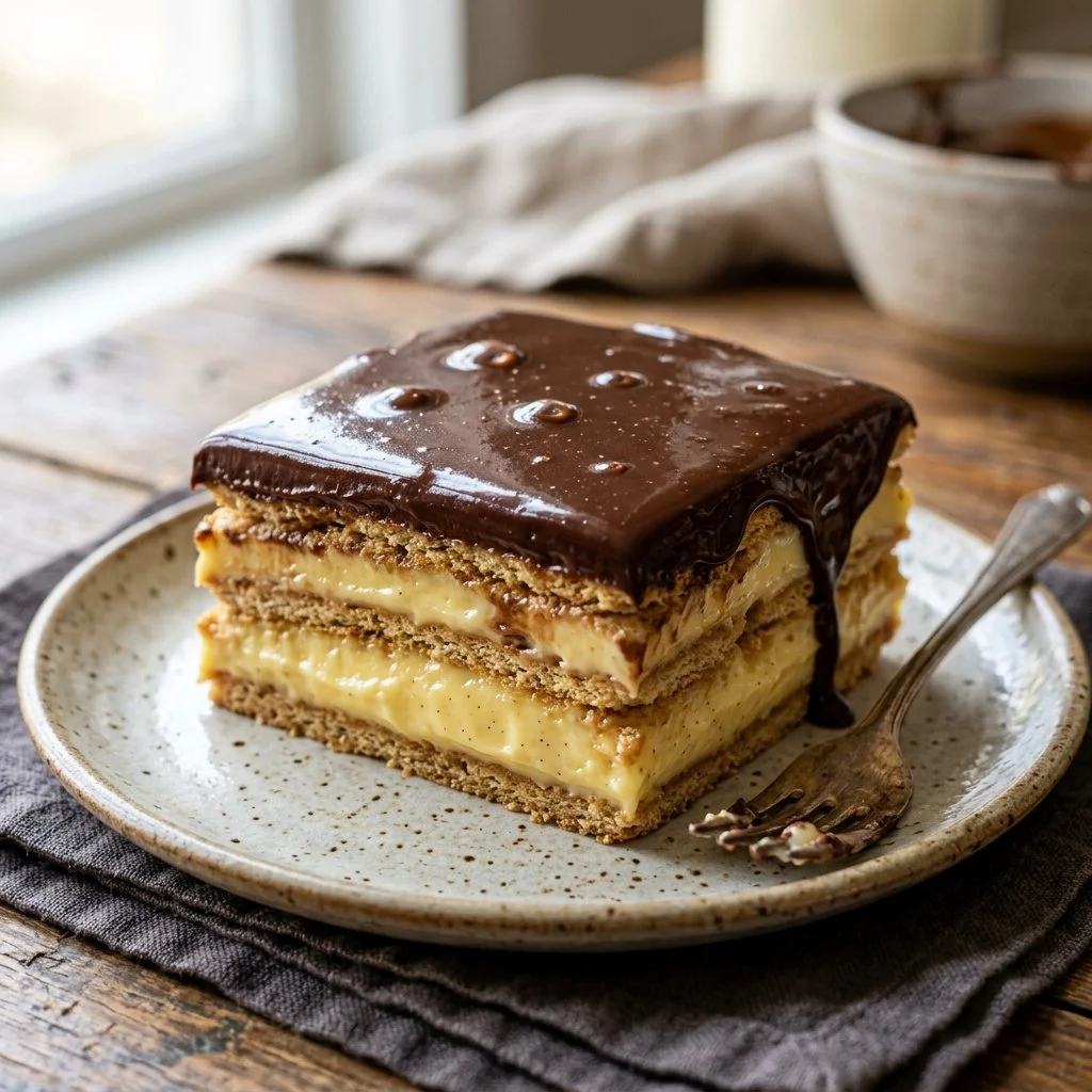 Homemade Chocolate Eclair Cake with layers of cream and chocolate glaze