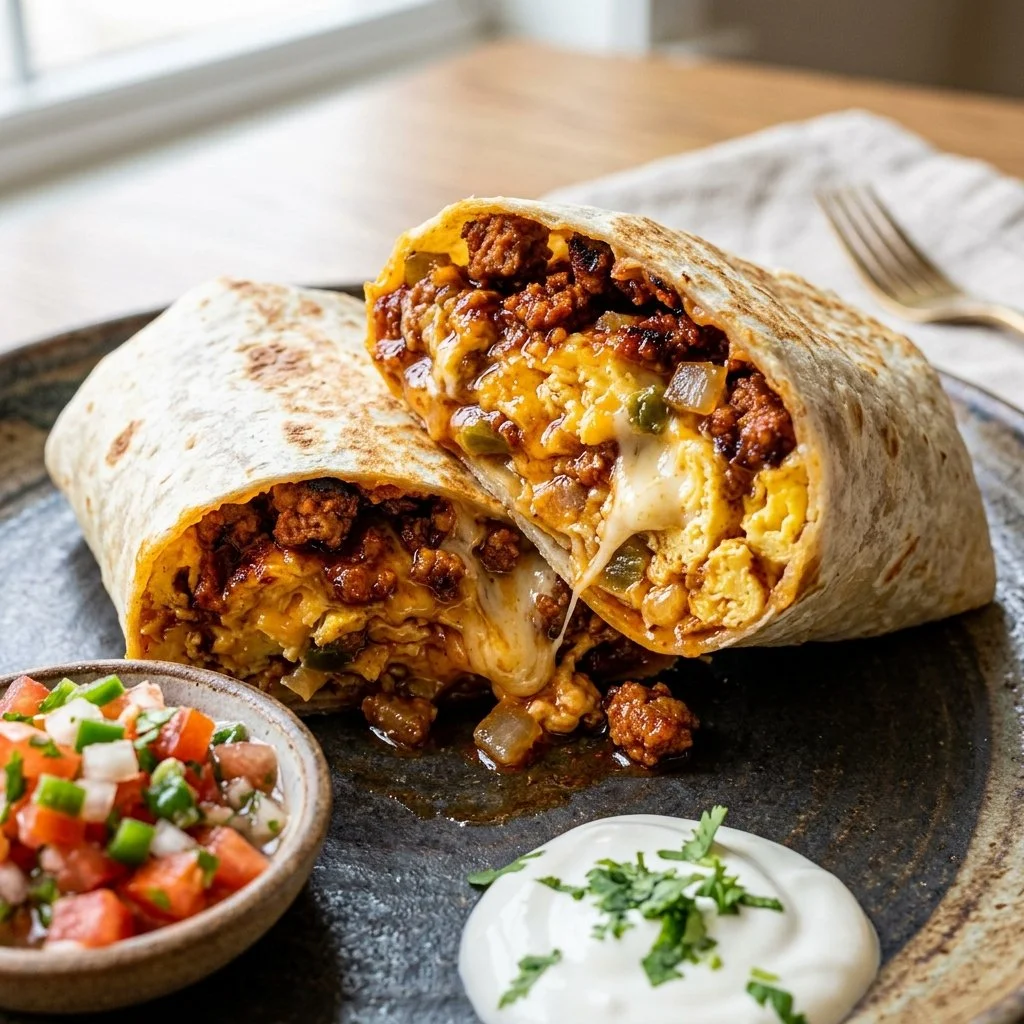 Chorizo Breakfast Burritos filled with eggs and spices
