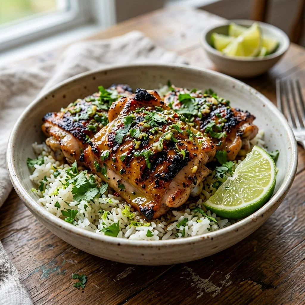 Cilantro Lime Chicken served on a plate with fresh cilantro and lime wedges