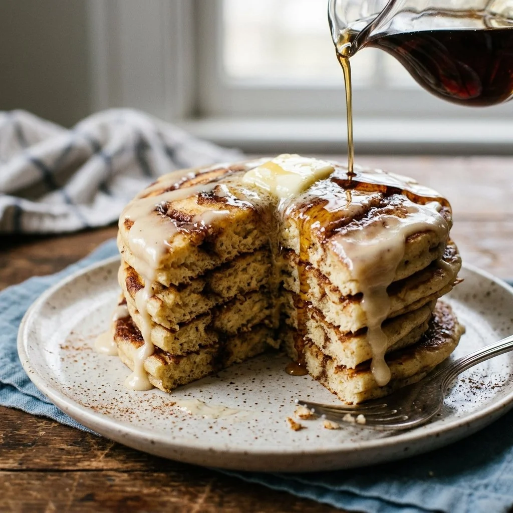 Delicious cinnamon roll pancakes with icing on a plate, perfect for breakfast.
