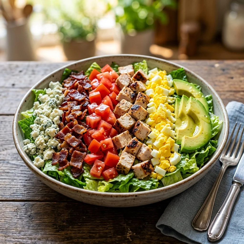 Delicious Classic Cobb Salad with greens, bacon, eggs, and avocado