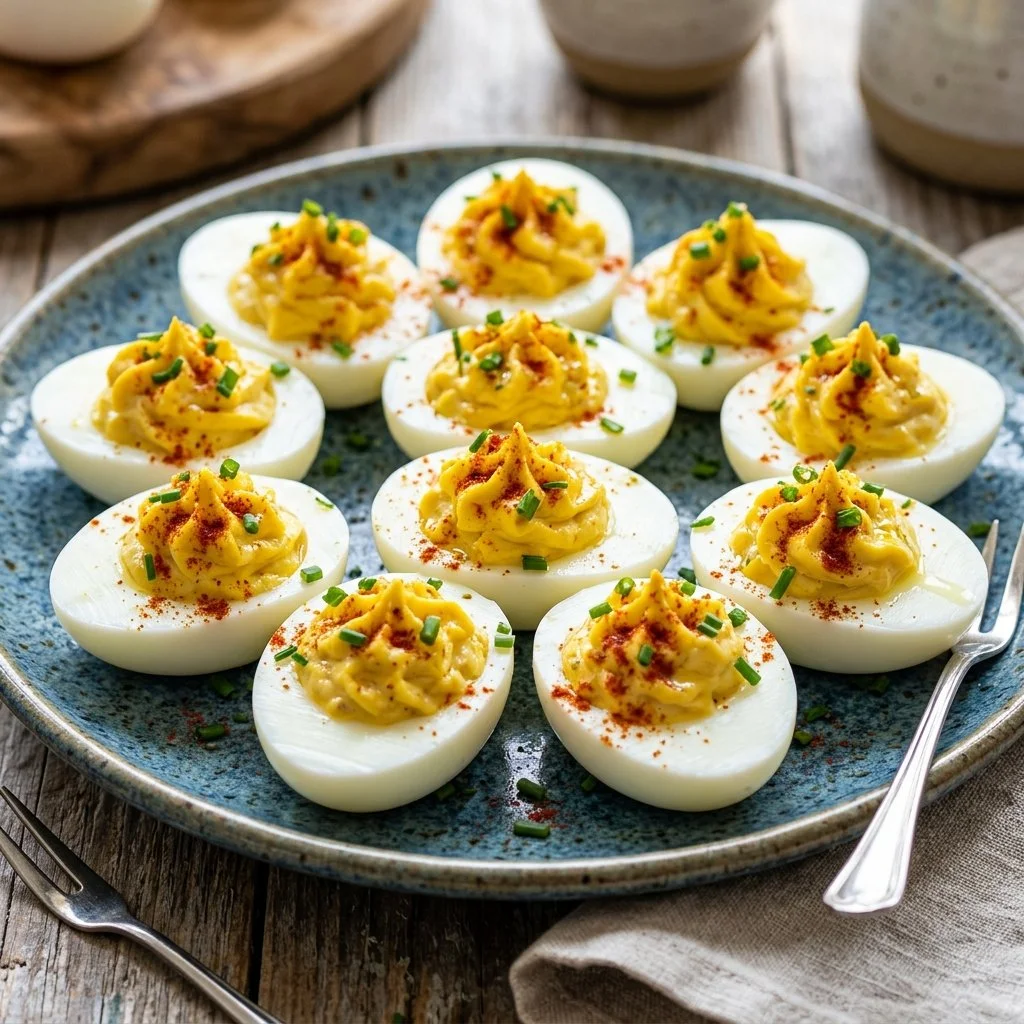 Classic deviled eggs topped with paprika and herbs on a serving platter.