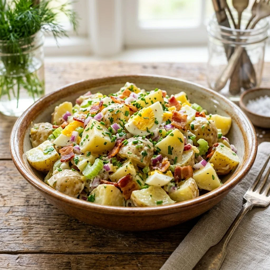 Classic potato salad served in a bowl, garnished with herbs.