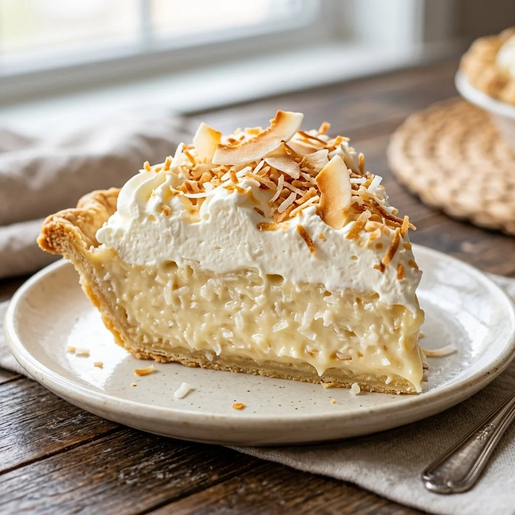 A beautifully sliced Coconut Cream Pie topped with whipped cream and coconut flakes