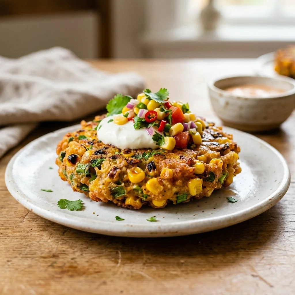 Delicious homemade corn fritters served on a plate with dipping sauce