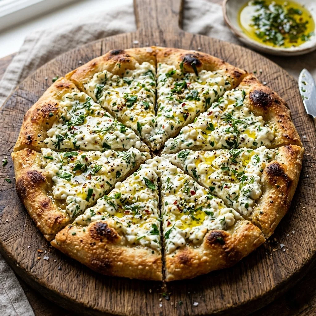 Homemade cottage cheese flatbread served with fresh herbs and toppings.
