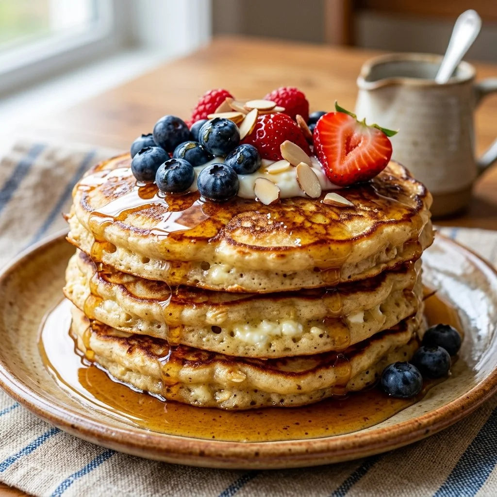 Delicious cottage cheese protein pancakes stacked on a plate with fruit