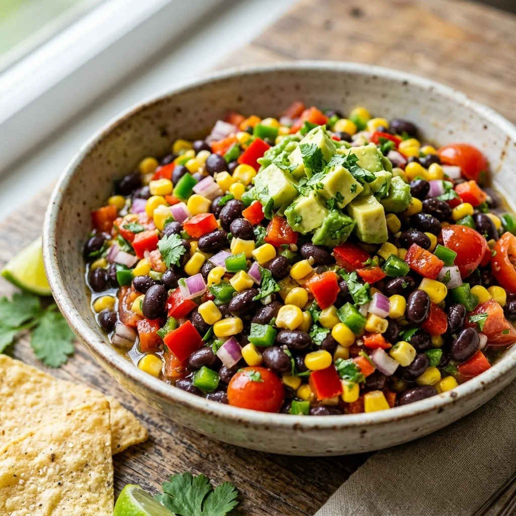 A vibrant bowl of Cowboy Caviar dip made with beans, veggies, and spices.