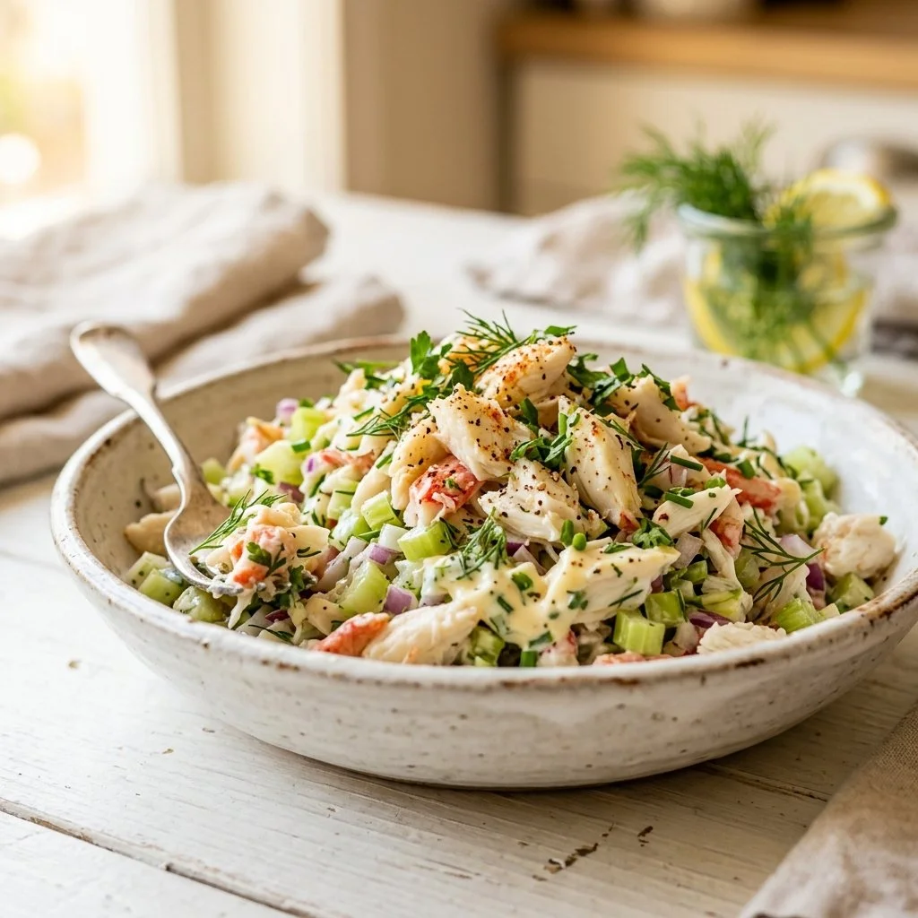 Delicious and colorful crab salad served in a bowl with fresh ingredients