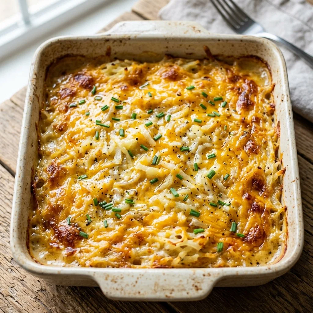 Delicious Cracker Barrel-style hashbrown casserole served hot