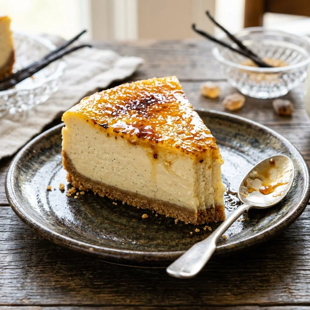 Delicious Crème Brûlée Cheesecake topped with caramelized sugar crust