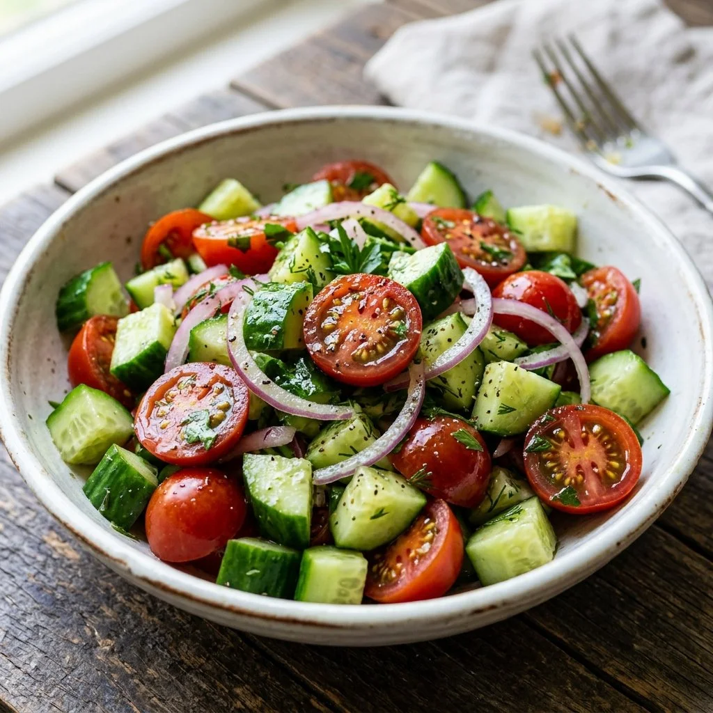 Delicious cucumber tomato salad with fresh herbs and vibrant colors