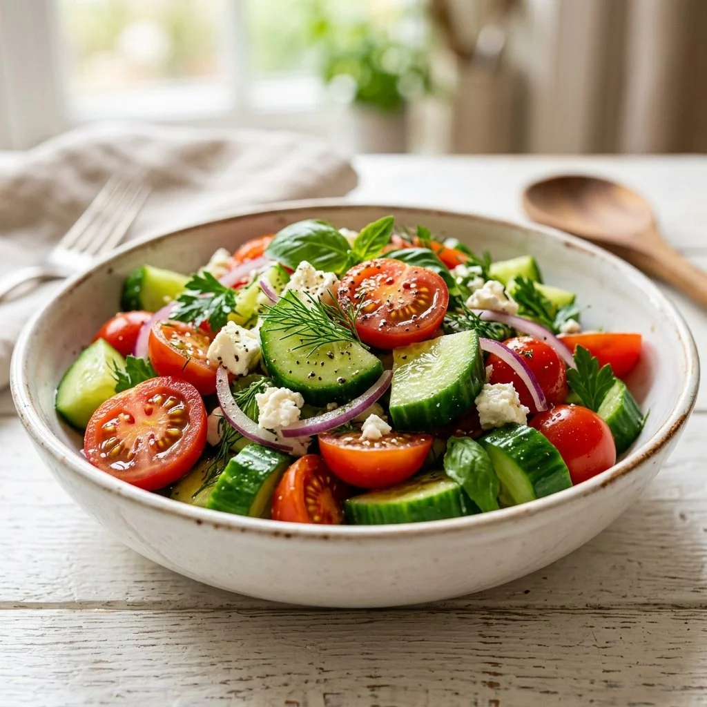 Fresh Cucumber Tomato Salad with vibrant veggies in a bowl