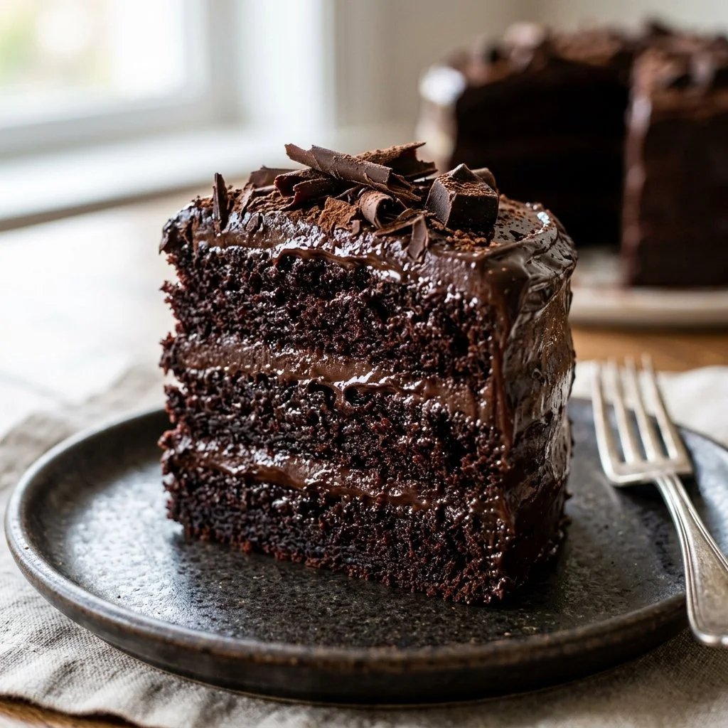 Decadent Death by Chocolate Cake topped with rich chocolate ganache.