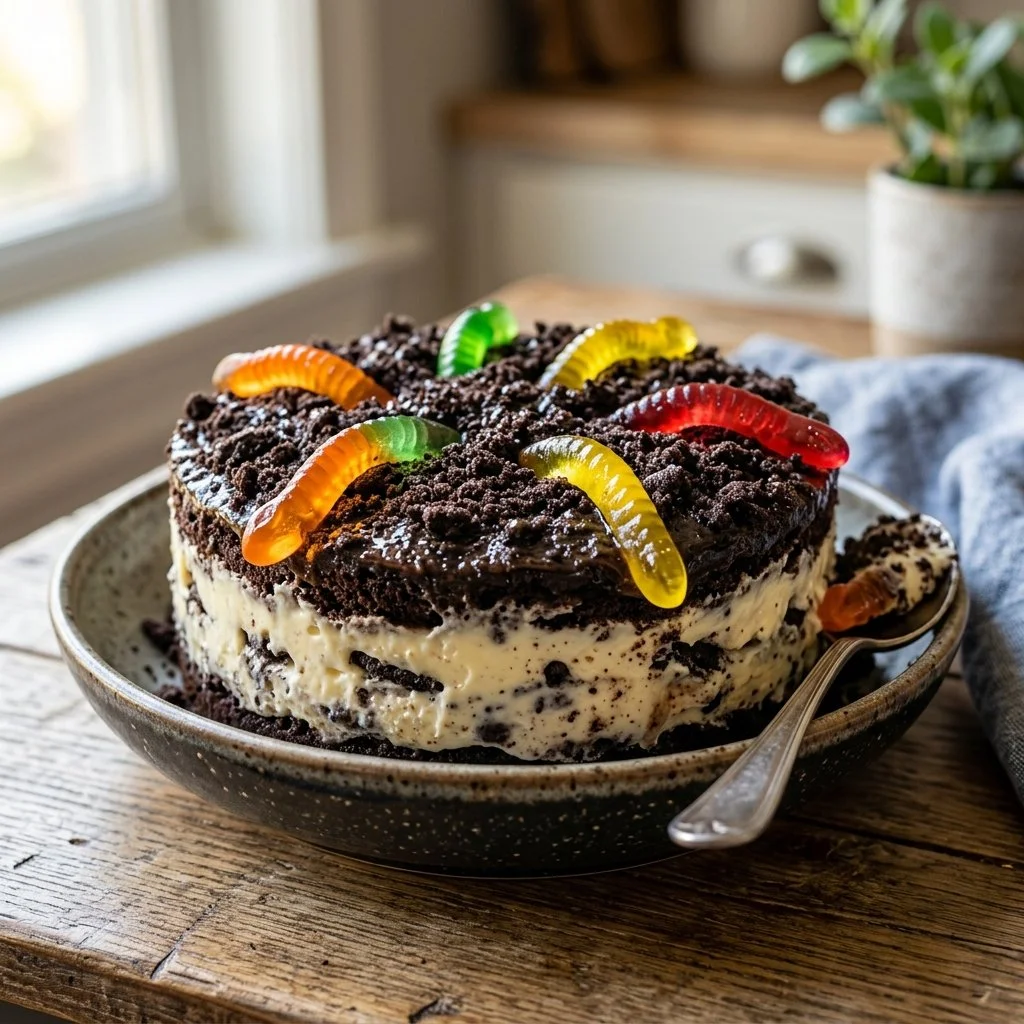 Delicious Dirt Cake dessert topped with crushed cookies and gummy worms