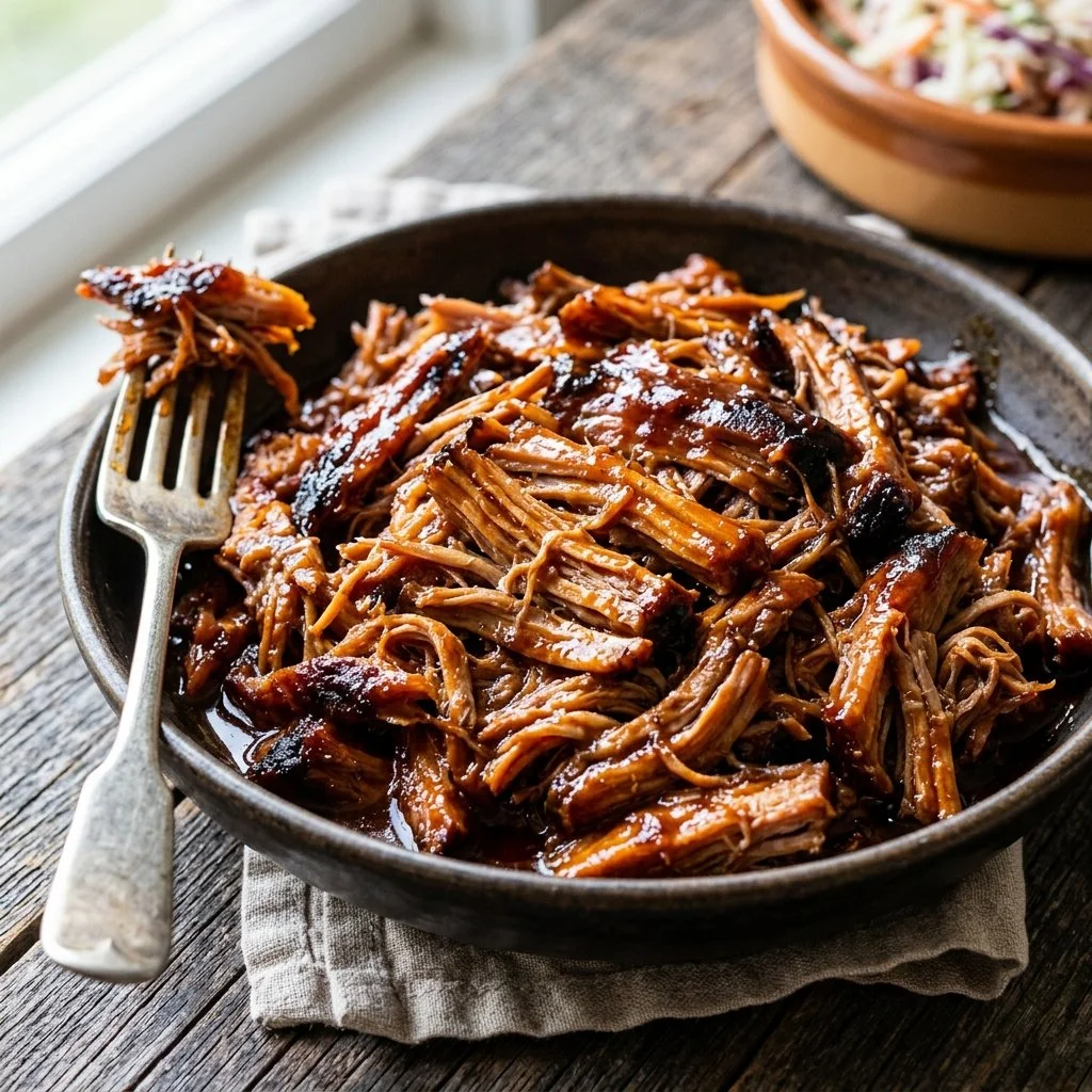 Succulent Dr Pepper pulled pork served with barbecue sauce on a bun