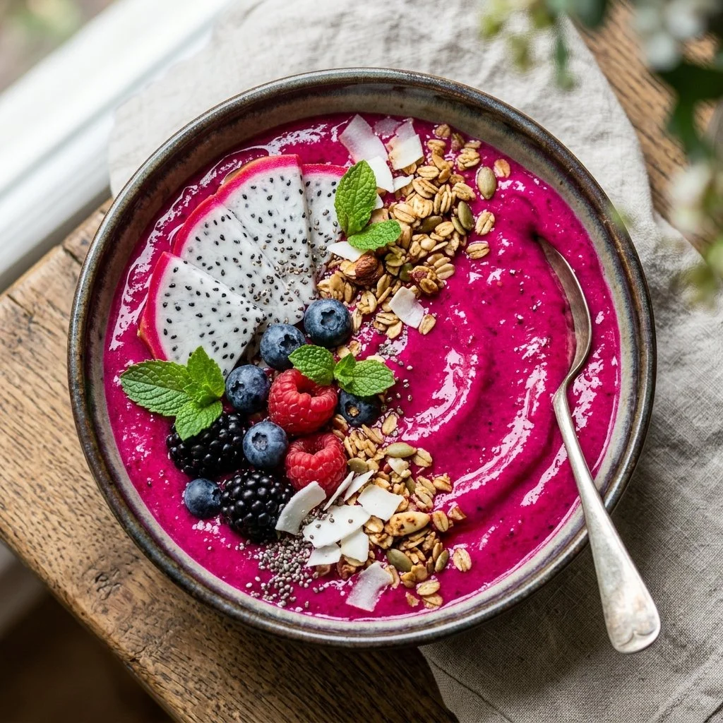 Colorful dragon fruit smoothie bowl topped with fresh fruits and granola