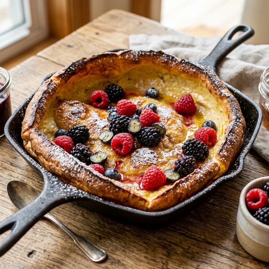Fluffy Dutch Baby pancake served with fresh fruit and powdered sugar