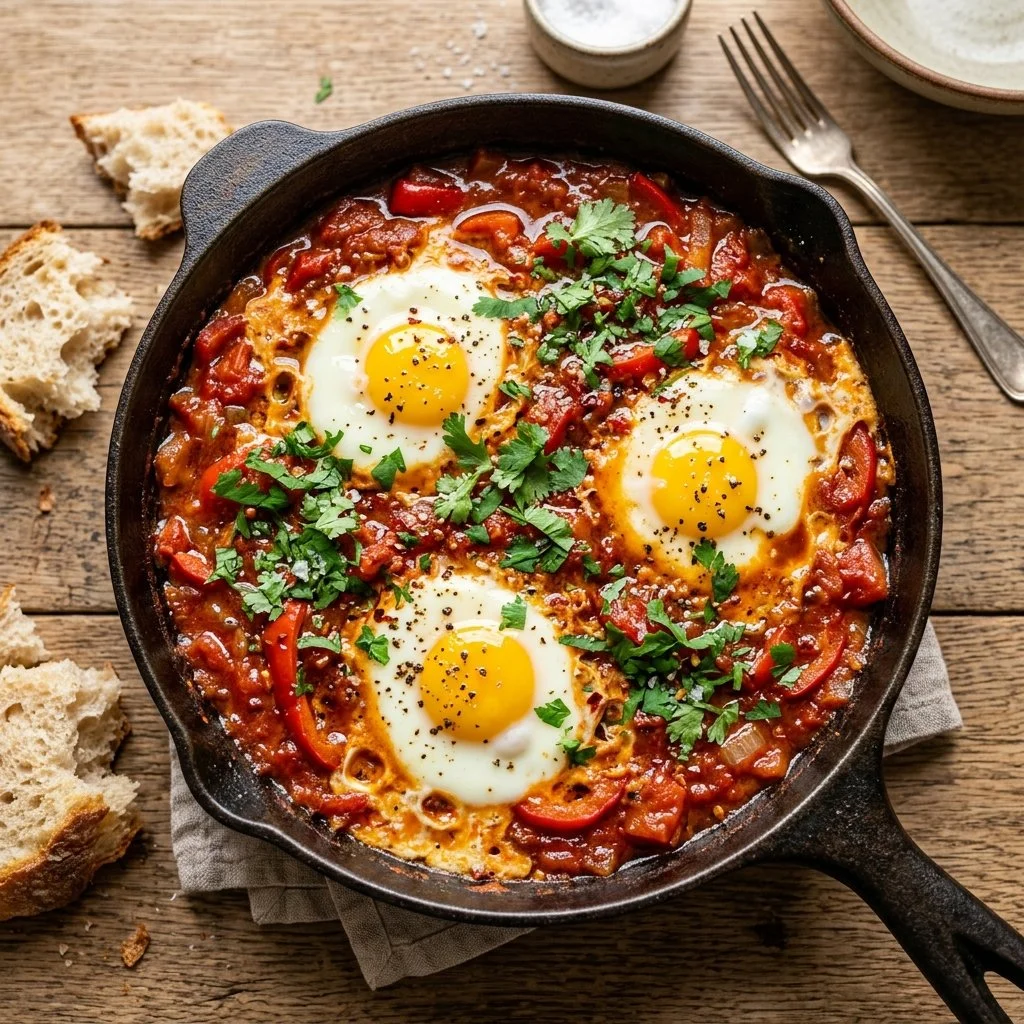 Delicious easy shakshuka served in a skillet with fresh herbs and spices.