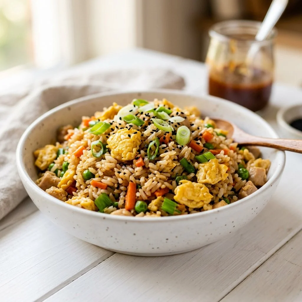 Delicious egg fried rice served in a bowl with vegetables and scrambled eggs