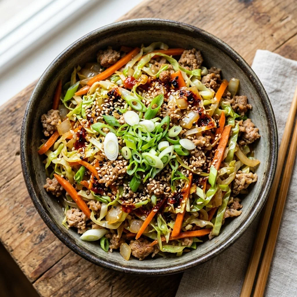 Delicious egg roll in a bowl featuring fresh vegetables and savory sauce.