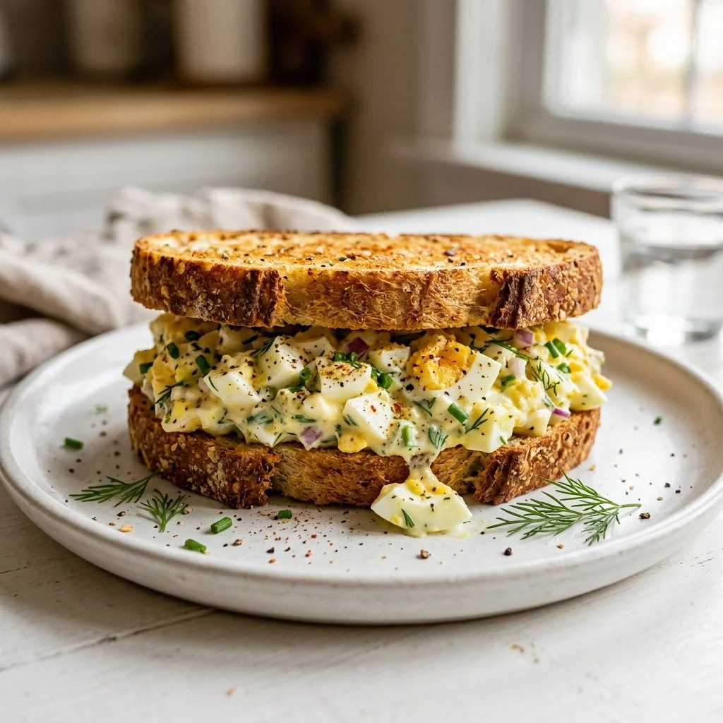 Delicious homemade egg salad sandwich on a plate