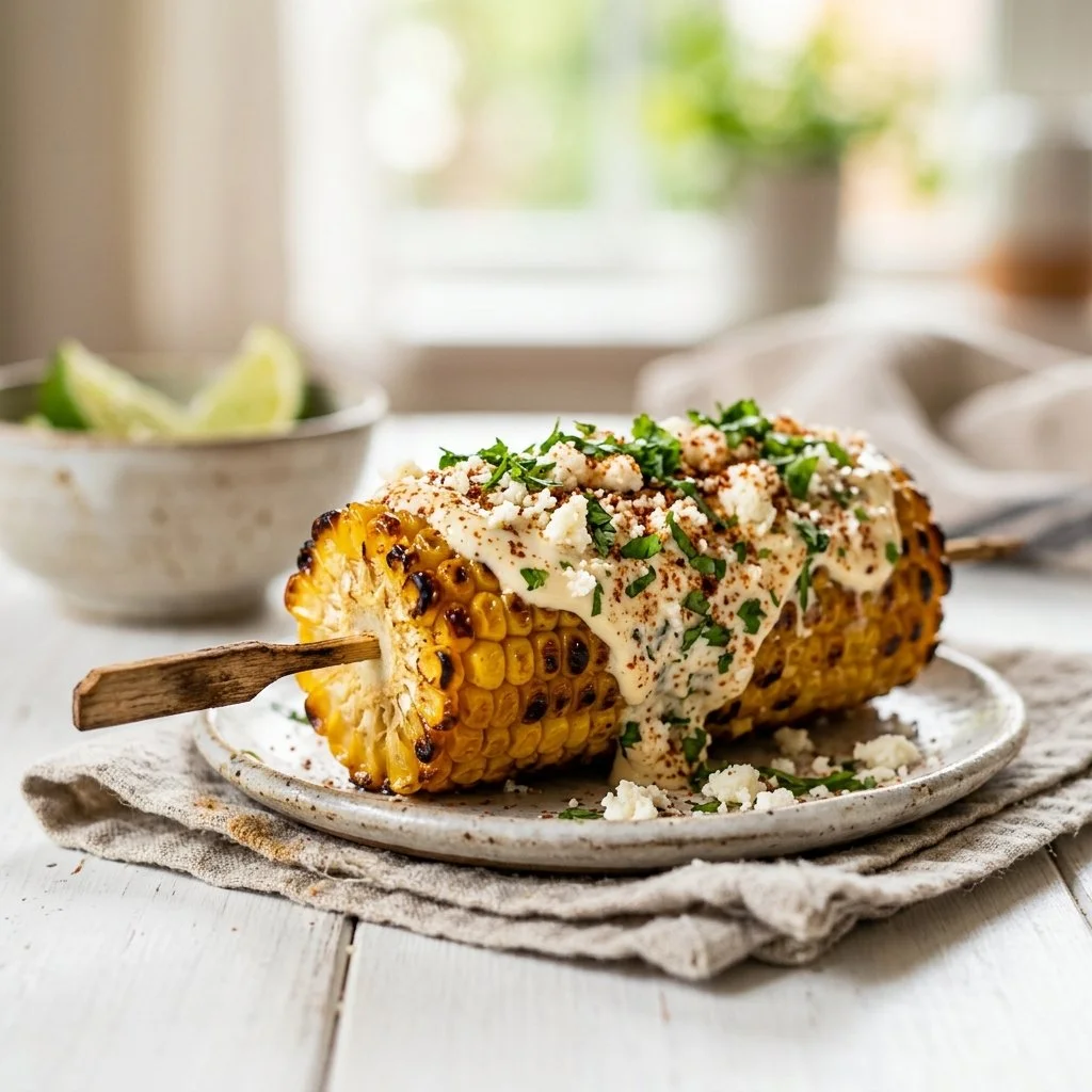 Delicious elote topped with cheese and chili powder served on a wooden board
