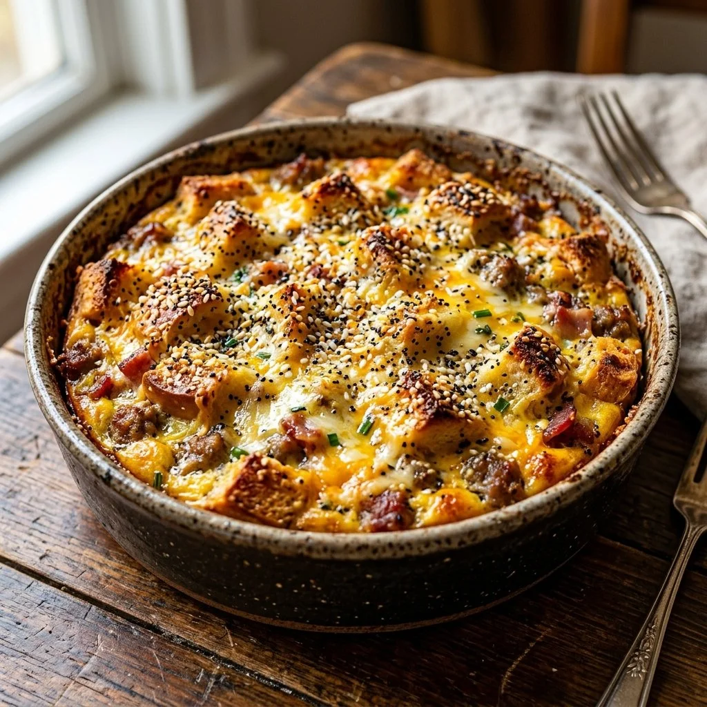 Delicious Everything Bagel Breakfast Casserole topped with seasonings and cream cheese