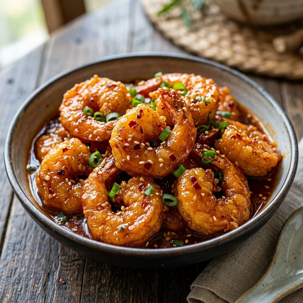 Plate of crispy Firecracker Shrimp garnished with herbs