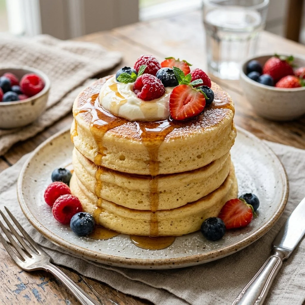 Fluffy Japanese pancakes stacked on a plate with syrup and fruits