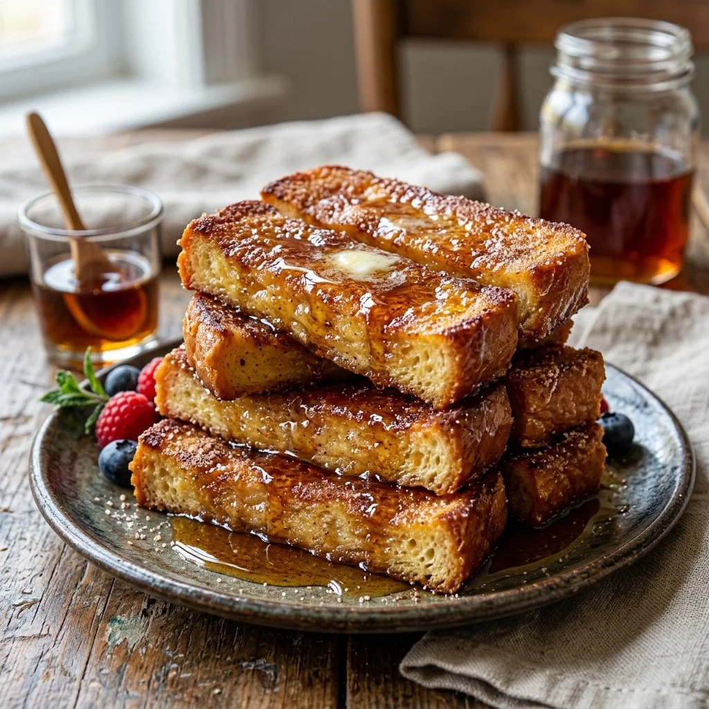 Delicious homemade French Toast Sticks served with syrup for dipping.