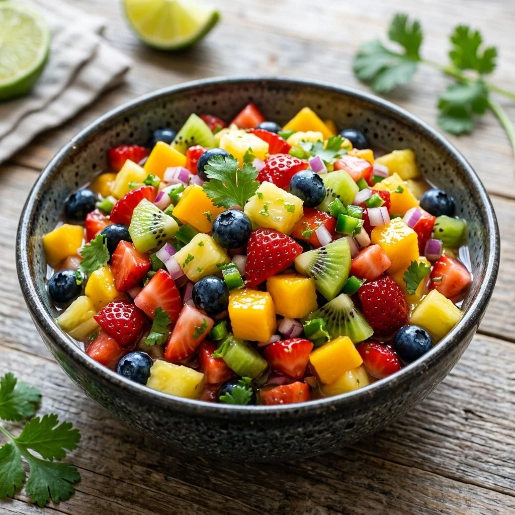 Bowl of fresh fruit salsa with various colorful fruits
