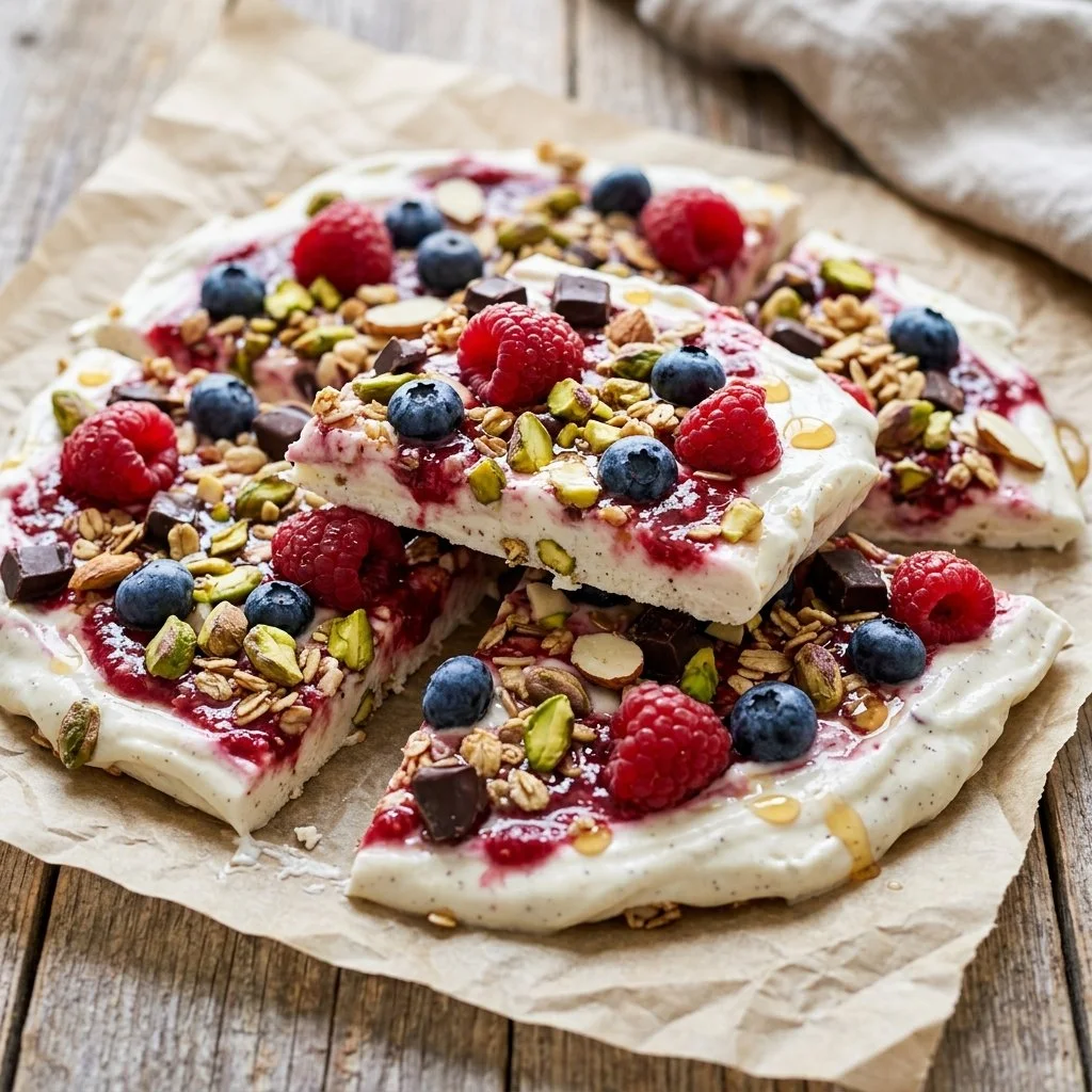 Delicious frozen yogurt bark topped with fruit and nuts
