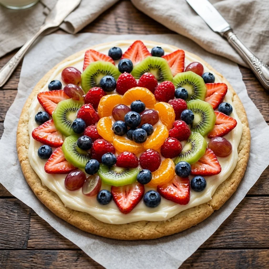 Colorful and delicious fruit pizza topped with fresh fruit slices