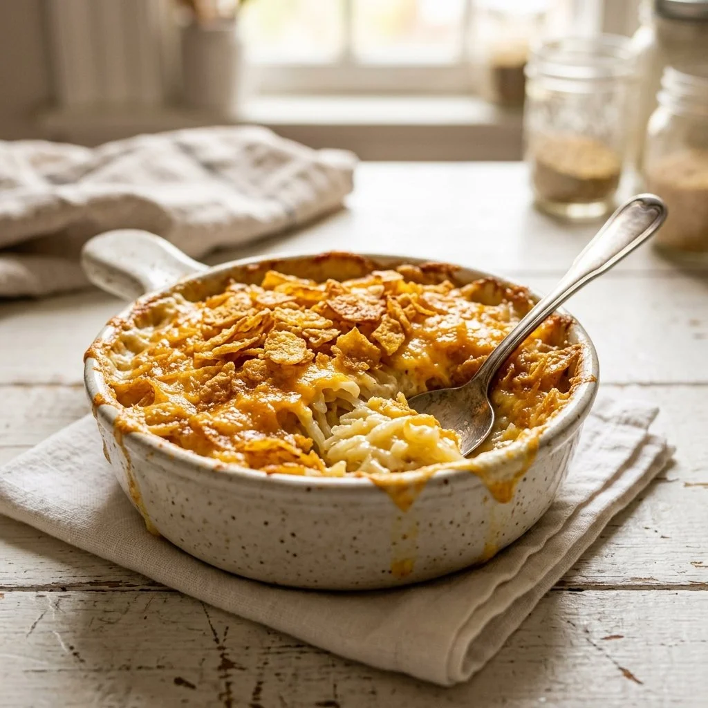 Delicious Funeral Potatoes baked in a creamy cheese sauce with crispy topping