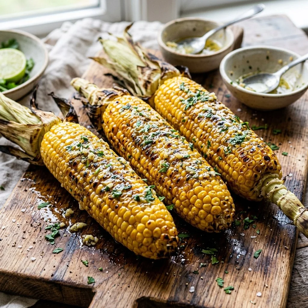 Delicious garlic butter grilled corn on the cob, ready to enjoy at a summer barbecue