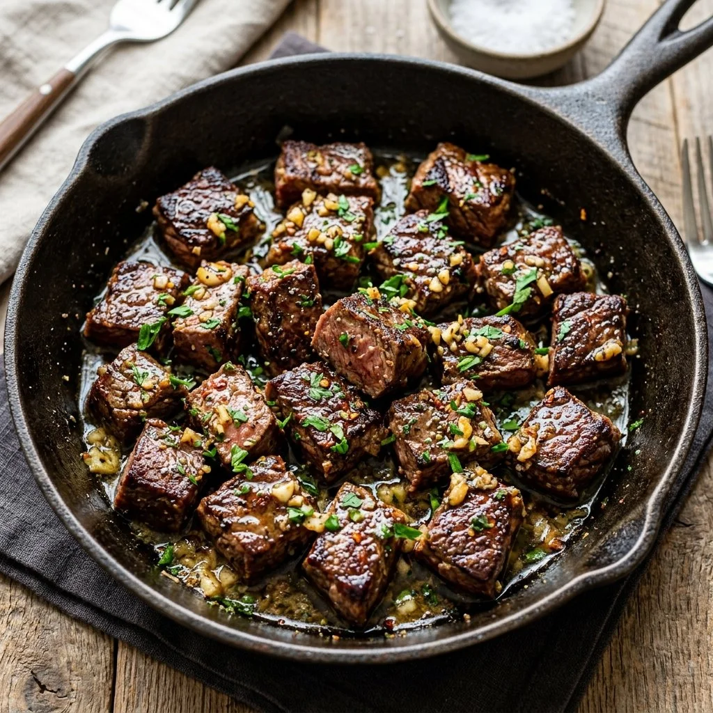 Delicious garlic butter steak bites served on a plate