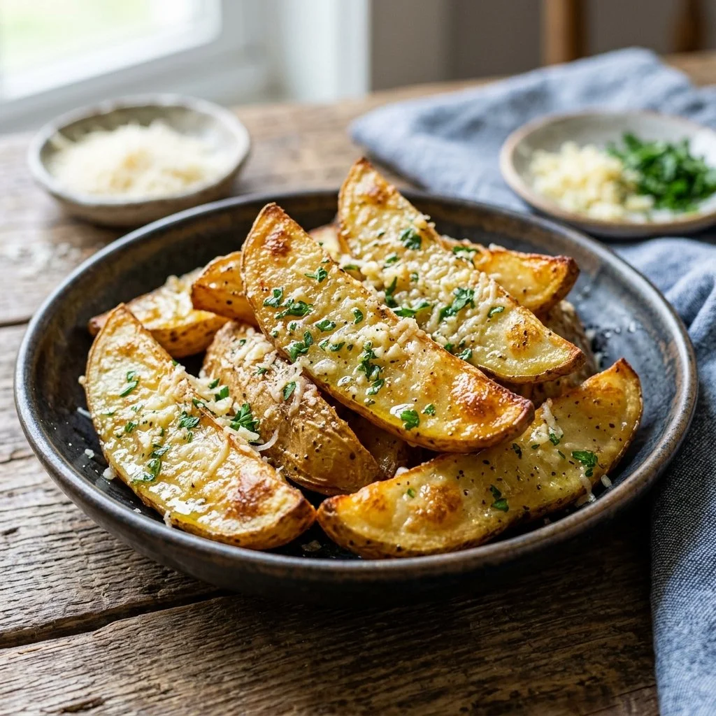 Crispy Garlic Parmesan Potato Wedges served in a bowl