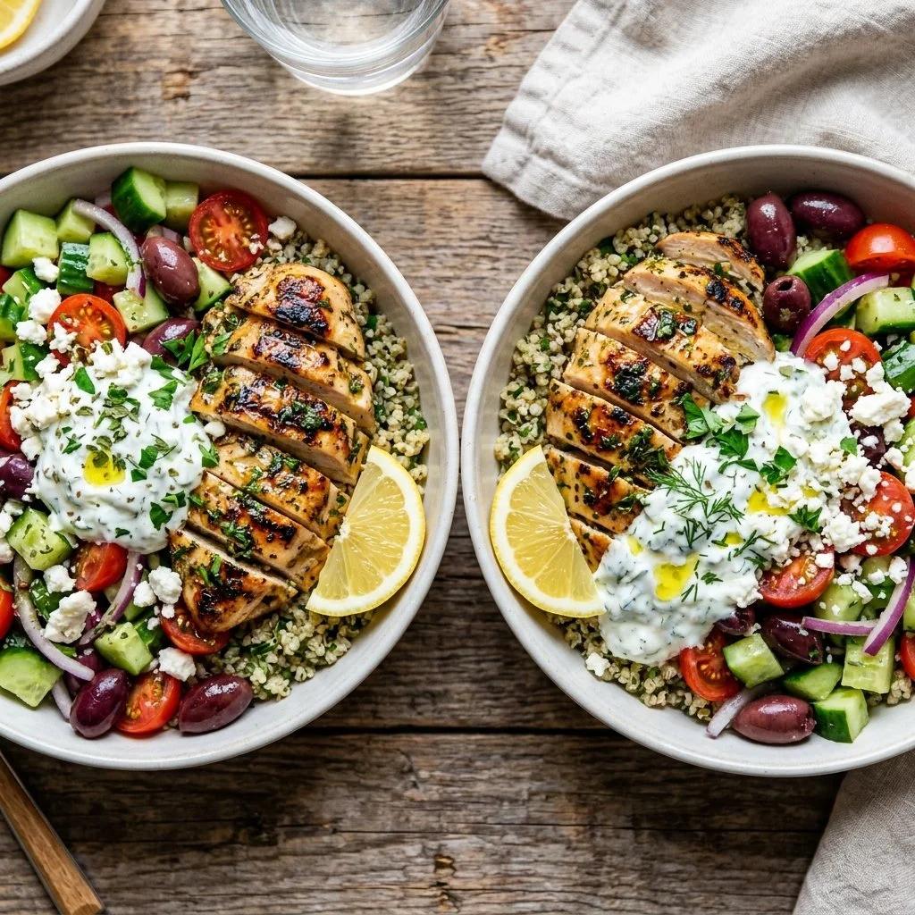 Healthy Greek Chicken Bowl with fresh vegetables and tasty sauces