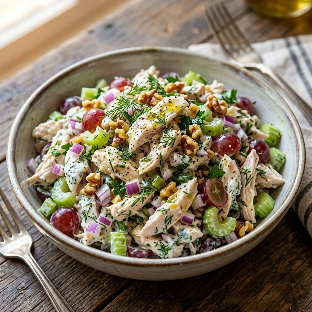 Bowl of Greek Yogurt Chicken Salad with fresh vegetables and herbs
