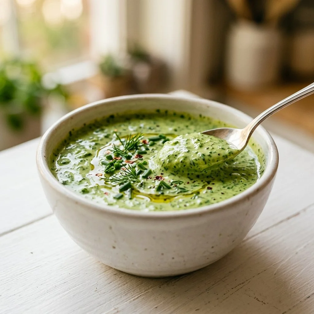 Homemade Green Goddess Dressing with fresh herbs and vibrant colors