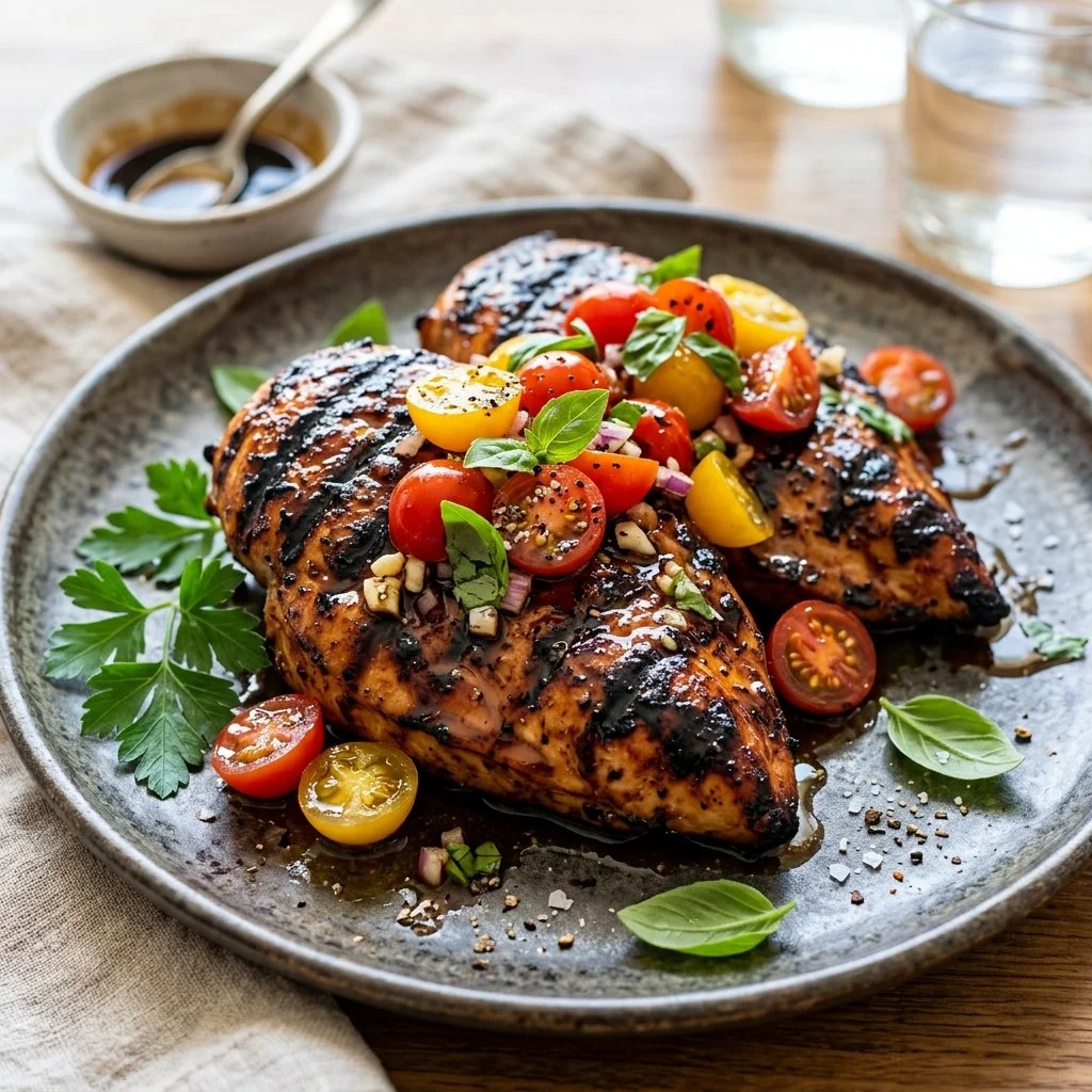 Juicy grilled balsamic chicken on a plate with herbs and vegetables